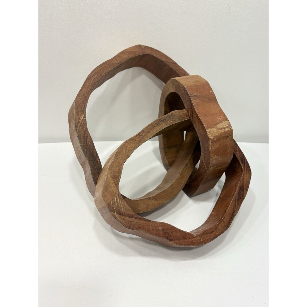 Large Hand Carved Wood Abstract Sculpture Interlocking Rings Organic Modern 22”